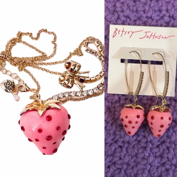 Betsy Johnson Pink Strawberry Necklace and Earring Set - Picture 1 of 8